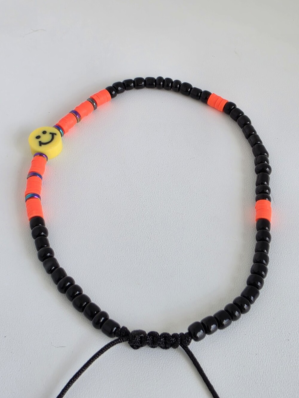 Handmade Smiley Face Beaded Adjustable ANKLET Black Neon Orange